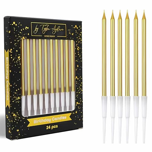 Tugba Aydan Geburtstagskerzen, goldfarben, 24 Stück, metallische lange dünne Kerzen für Kuchen und Cupcakes, elegante Kuchendekoration für Erwachsene, Kinder, Männer und Frauen, von Tugba Aydan Home