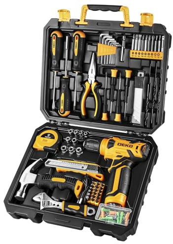 DEKO Caja Herramientas Completa con Destornillador Electrico/Taladro con bateria de 8V, Maletin de 126 Piezas, Caja profesional de herramientas Domésticas de Bricolaje para Oficinas y Jardín, Amarillo