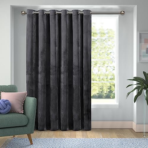 Yorkshire Bedding Velvet Blackout Curtains for Bedroom Grey 66x84 Inch Room Darkening Eyelet Curtain for Living Room Super Soft 1 Panel Curtain + Tie Back