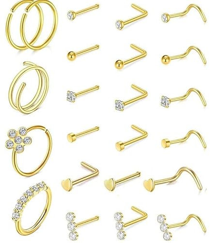 Uwiyo 23 Stück Nasenpiercing, 20G 316L Edelstahl Silber Gold Nasenstecker Nasenring L/Screw/Straight-Form Nasenpiercing mit Zirconia Nase Nostril Piercing Stecker für Frauen Männer(Gold)