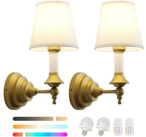 HEQIQEH Battery Wall Sconces Set of 2, Vintage Brass Wall Lamps with Acrylic Rod & White Drum Fabric Shade, Remote Control LED Lighting, Cord-Free Mounting Sconces for Bedroom, Hallway