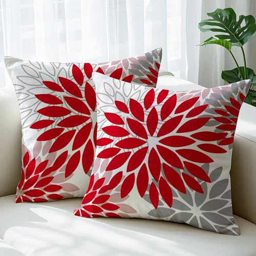 JANGYUHH Kissenbezug 40x40 cm Modern Dahlien Dekokissen Zweiseitiges Muster Rot Grau Blumen Sofakissen Outdoor Kissen Leinen Kissenbezüge Dekorative für Sofa Garten Wohnzimmer Bett 2er Set