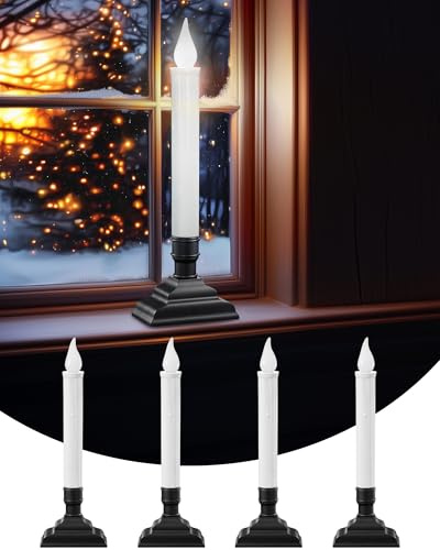 SURAIELEC Battery Operated Christmas Window Candles with 6H Timer, Flickering Cool White LED Candles, Window Candle with 1.7‘’ Narrow Base for Windowsill, Mantel, Dining Table, Matte Black, 4-Pack