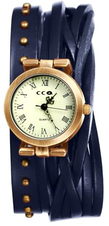 JewelryWe Women's Vintage Leather Watch - Round Analog Quartz Roman Numerals Dial Bracelet Watches Punk Gothic Casual Studded Double Wrap Wristwatch
