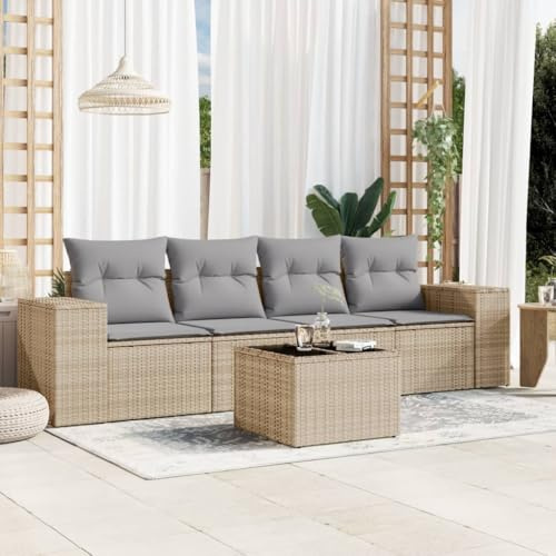 HaoChrymec 5-TLG. Garten-Sofagarnitur mit Kissen Beige, PE-Rattan, Modulares Design, Gartensofa mit Abnehmbaren Bezügen, Outdoor Couch, Gartenmöbel Set, Für Garten & Terrasse, 366 x 305 x 231 cm
