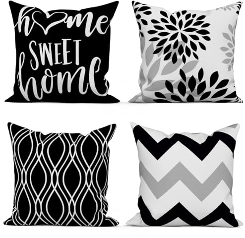 ASDCXZ Schwarz Kissenbezug 40x40 4er Set, Modern Geometrie Muster Schwarz Weiß Quadratisch Sofa Dekoration Kissenbezüge, Home Sweet Home Bauernhaus Waschbar Polyester Textil Outdoor Kopfkissenbezug