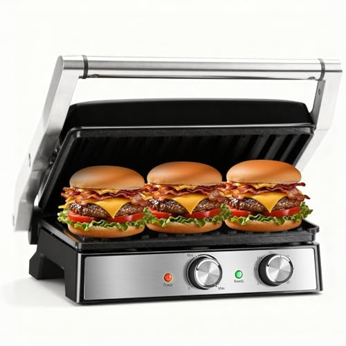 KEINVE Kontaktgrill, Keramikbeschichteter, 30 Minuten Timer. Panini Grill und Sandwichmaker für Sandwiche, Steak, Toaster. 2000 Watt, Einstellbarer Thermostat, 180º Öffnung, Roast