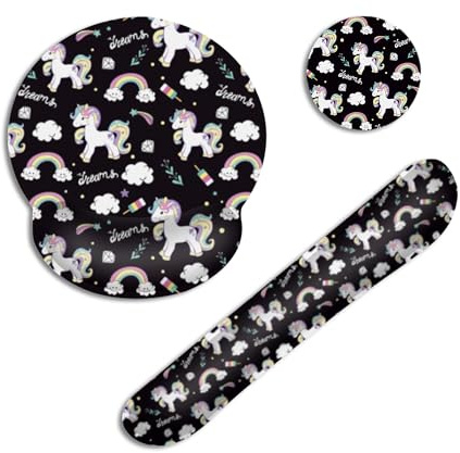 Cute Unicorns Clouds Ergonomic Keyboard Wrist Rest and Mouse Mat Set with Memory Foam,Non-Slip Rubber Base for Wrist Support, Pain Relief and Comfortable Typing for Home Office Computer