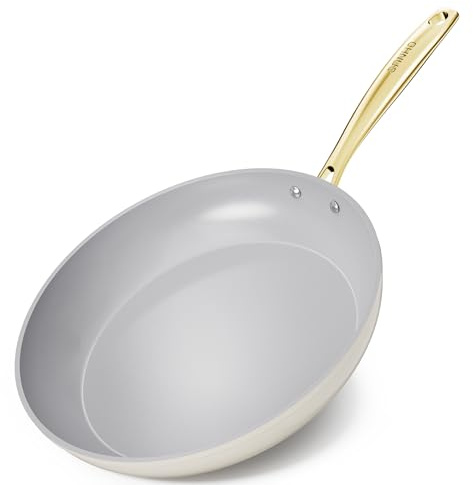 Sanho 30cm Large Non Stick Frying Pan, Diamond-Titanium Ceramic Coating, PFAS & PFOA Free, Stay-Cool PVD Handle, Oven Safe, Induction Compatible, Beige White