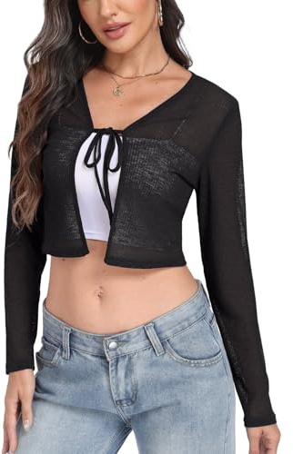 PrinStory Bolero Damen Krawatte Front Shrug Lange Ärmel Sommer Strickjacke Leicht Lässig Kurz Schal Top
