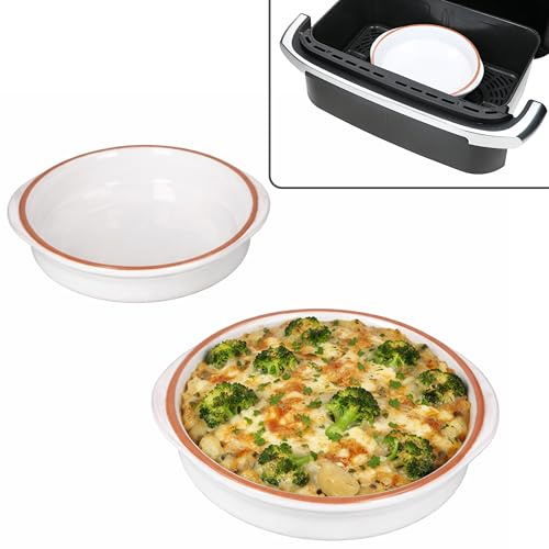 MamboCat 2er Set Airfryer Tonschalen weiß I 20,5cm, 600ml I große runde Cazuela mit Griffen aus Ton I Ofenform für Heißluftfritteuse I für Auflauf Kuchen Dessert I Airfryer Zubehör