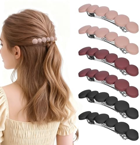 Set 6 Pezzi Mollette per Capelli Francesi Automatiche (9 cm), Fermagli Eleganti Antiscivolo in Plastica Nera e Rosa Cipria, Accessori Capelli Donna per Acconciature Quotidiane e Cerimonie