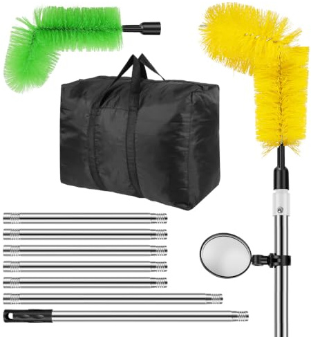 Gutter Cleaning Tools, Telescopic Roof Gutter Cleaner Kit with 8 Thickened Aluminum Poles & 2 Brush Heads, Adjustable Extension Pole with Inspection Mirror for Removing Leaves Debris