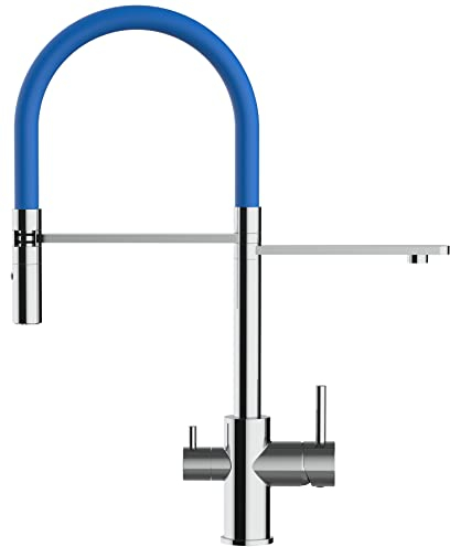 NIEDERDRUCK VIZIO 3 Wege Wasserfilter Chrom Küchenarmatur mit 2strahl Handbrause/Profi/Restaurant/Haus Wasserhahn für alle gaengigen filtersysteme geeignet / 360° schwenkbarem Auslauf (blau)