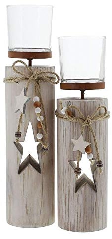 Windlicht-Säulen Weihnachten im 2er Set – Elegante Teelichthalter aus Holz für weihnachtliche Dekoration, Festliche Deko-Säulen für Wohnzimmer, Fensterbank & Tischdekoration