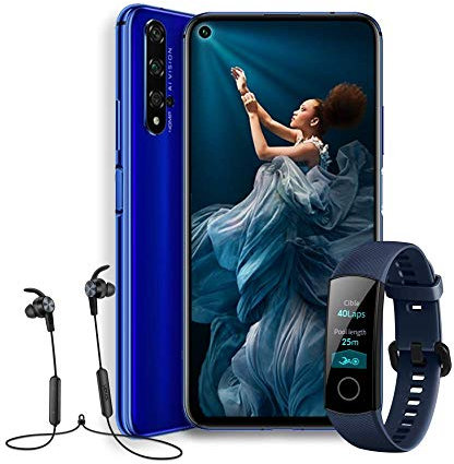 HONOR 20 - Smartphone Android 9 (6,26 FHD, 48MP + 16MP + 2MP + 2MP, frontal 32MP, 6 GB de RAM, 128 GB memoria, batería 3750 mAh), color Azul + Honor Band 4 + Honor Sport Bluetooth Earphones