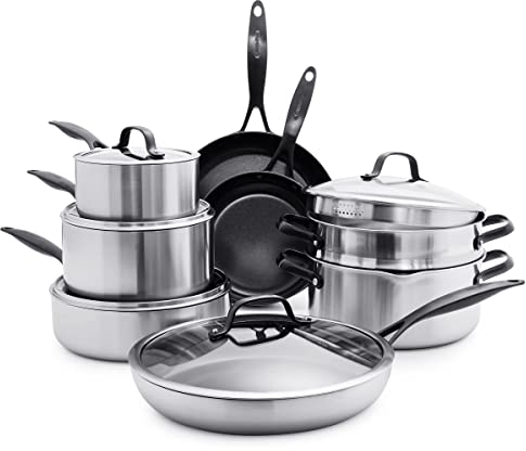 GreenPan Venice Pro Noir Topf- und Pfannen-Set, 13-teilig, 3-lagiger Edelstahl, Gesunde Keramik-Antihaftbeschichtung, Mattschwarze Griffe, PFAS-frei, Induktion, Spülmaschinenfest, Backofenfest, Silber