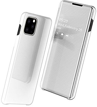 Etui Schutzhülle Tasche Case für iPhone 11 PRO MAX 6.5 Zoll Mirror Clear Hülle View Standing Cover Spiegel Makeup Bright Crystal Flip Folding Kickstand Protective Case für iPhone 11 PRO MAX Silber