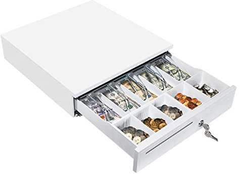 MUNBYN White Cash Drawer, 16 Heavy Duty Cash Register for Point of Sale (POS) System, 5 Bill/5 Coin, Removable Coin Tray, RJ11/RJ12 Interface 2 Key-Lock, Works for Square Business, Money Drawer