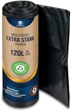 Profi Müllsäcke 120L EXTRA STARK 75μ - 40 Stück auf 2 Rollen -100% Recycelt - (20 bis 600 Säcke wählbar) - Rollengewicht 1,8 kg - XXL Mülltüten (40)