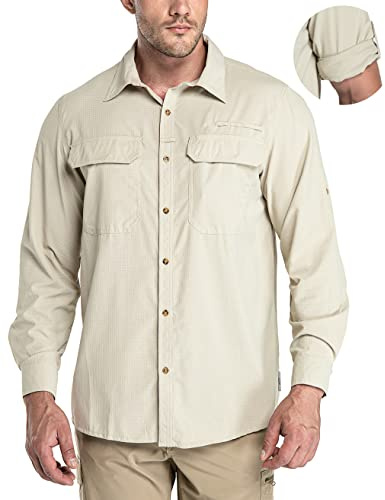33,000ft Men's Long Sleeve Sun Protection Shirt UPF 50+ UV Quick Dry Cooling Fishing Shirts for Travel Safari Camping Hiking Khaki