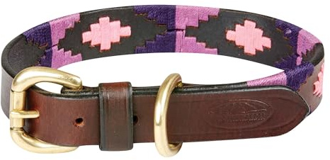 WeatherBeeta Polo Leather Dog Collar, Cowdray Brown/Purple/Purple, Small