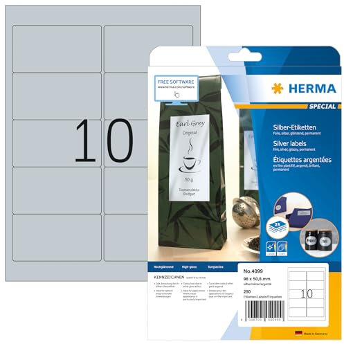 HERMA 4099 Wetterfeste Folienetiketten silber, 800 Blatt, 96 x 50,8 mm, 10 pro A4 Bogen, 8000 Stück, selbstklebend, bedruckbar, glänzend, blanko Klebeetiketten Aufkleber aus Folie