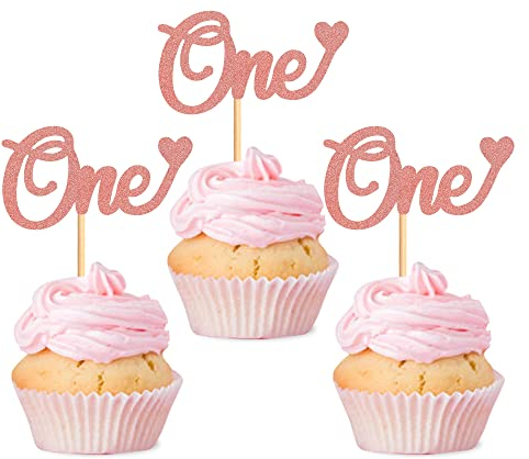 Blumomon 24Pcs One Cupcake Toppers Glitter Baby First Birthday Party Cupcake Food Picks Decorations for Baby Shower Boys Girls Kids 1st Birthday Party Cake Decorations Supplies Rose Gold