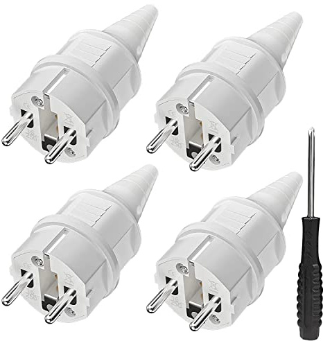 Fiches de Rechange Prises [4 Pack] Électriques Male Schuko Standard, 4 X Fiches Electrique de Contact de Mise à la Terre en Caoutchouc (250V/16A)+1 X Tournevis,IP44 Étanche Prises D'alimentation,Blanc