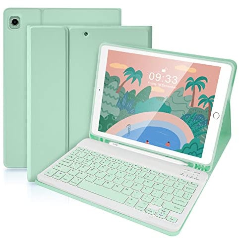 SOPPY Bluetooth Keyboard Case for iPad 7th/8th/9th Gen 10.2-inch, Air 3 & Pro 10.5-Inch, Detachable Wireless Keyboard with Pencil Slot, Slim Protective Cover, Auto Sleep/Wake, UK Layout, Green