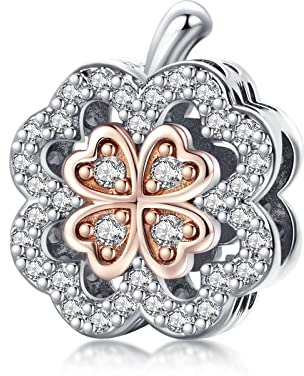 Annmors Jewelry Four Leaf Clover Apple Charms Feder Anhänger 925 Sterling Silber Sparkling Bead with Cubic Zirconioa für Chamilia und europäische Armbänder und Halskette