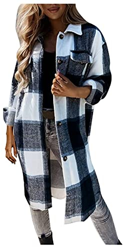 Damen Winter Plaid Mantel Wolle Mode Langarm Lange Overshirt Outwear Damen Jacken Mode, Schwarz , 38