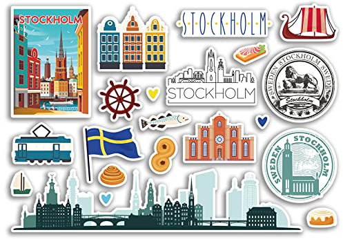 A5-Aufkleberbogen, Stockholm-Wahrzeichen, Vinyl-Aufkleber – Schweden Flughafen, Briefmarken, Skyline, Flagge, Reisen, Urlaub, Scrapbooking, Stadtgepäck, #79123