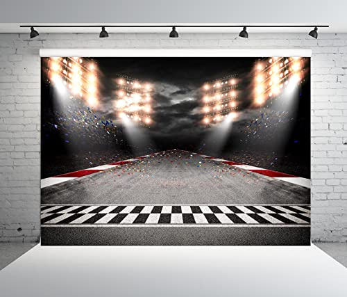 BELECO 2.1x1.5m Toile de Fond en Tissu pour Course Automobile, Ligne d'arrivée,Piste de Course,Voiture de Course,Circuit de Course Automobile,Champion de Sport,décorations de fête d'anniversaire