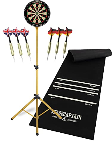 Stagecaptain DBS-1715 Bullseye Pro Dartscheibe Komplett Set - Profi Steeldartscheibe aus Sisal - Dartteppich aus Gummi - Höhenverstellbarer Ständer - 6 Dartpfeile und 4 Sets Flights - Gold
