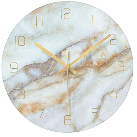 Folpus Orologio Marmorizzato in Vetro Decorativo per, Arredamento Moderno per Camera da Letto in Marmo AntiGraffio da 12 Pollici, Ciano