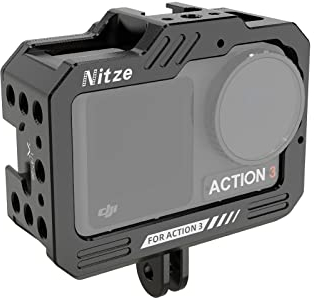 Nitze Cage for DJI Osmo Action 4/ Osmo Action 3 Camera with Dual Built-In Cold Shoe and Magnetic QR Adapter, Metal Protective Cage with Multiple 1/4 Threaded Holes - T-D01A