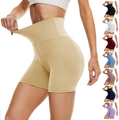 DDOBB Radlerhose Damen Kurze Shorts Sporthose Leggings Blickdicht High Waist Elastisch Unterhosen Fitness Hotpants Sommer Boxershorts(Beige,S-M)