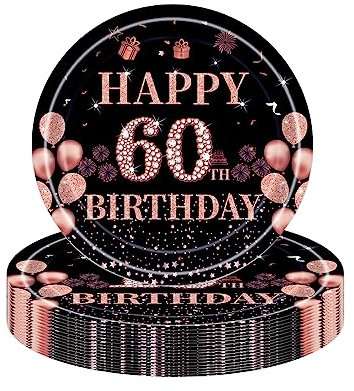 COSORO 16Pcs Black Rose Gold 60th Birthday Paper Plates 7'',Birthday Tableware Party Plate Disposable,Happy Table Decorations Gifts for Women,Ladies,Her Décor