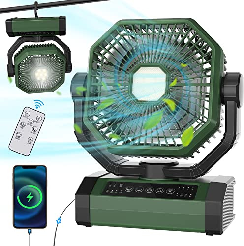 Ventilador recargable con oscilación automática, control remoto, temporizador y luz LED, ventilador alimentado por batería de 20000 mAh de 9 pulgadas (70 horas), ventilador de camping para tiendas de