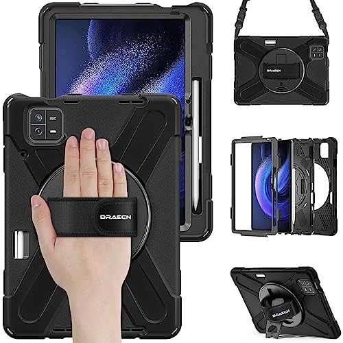 BRAECN Funda para Xiaomi Mi Pad 6/6 Pro 11 Pulgadas 2023, Carcasa Rugosa con Soporte de Rotación de 360°, Correa de Mano/Hombro, Carcasa Antichoque para Xiaomi Pad 6/6 Pro 11, Negro