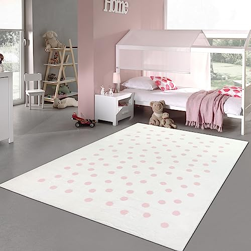 Teppich-Traum Kinderzimmer-Teppich Babyteppich weich pflegeleicht rosa Punkte in Creme 160x230 cm