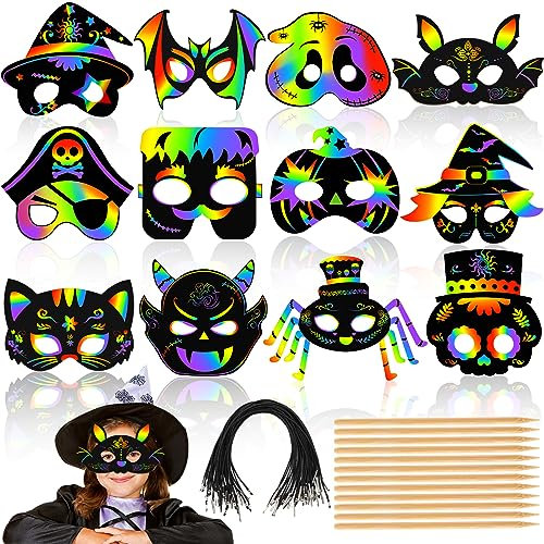 JULMELON Halloween Crafts - 36PCS Rainbow Scratch Mask for Party Favors & Games: Cute Pumpkin Bat Witch Skull Magic Scratch Paper Art Masks