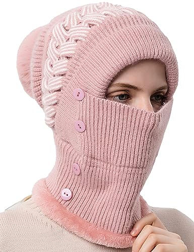 FEOYA Damen Winter Balaclava 2 in 1 Strickmütze Gestrickte Mütze Maske Set mit Bommel Fleecefutter Winddichte Mütze Kälteschutz Skimütze B3
