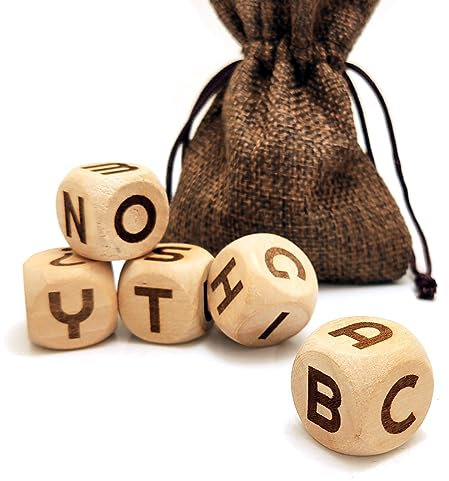 Set di 5 dadi creativi in legno da 20 mm, con incisione laser dalla A alla Z, per giochi e insegnamenti