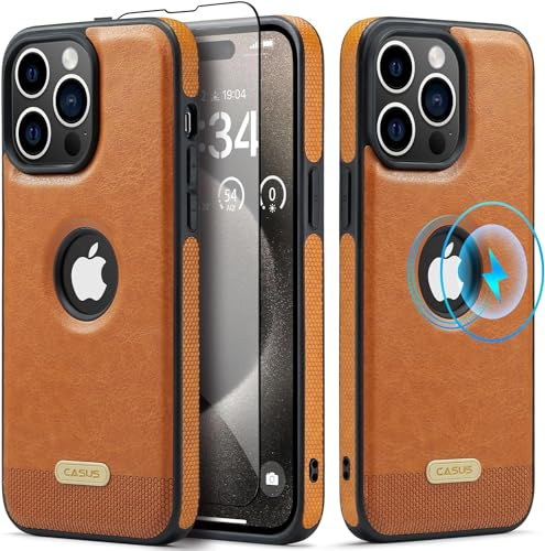 Sibada Leder Hülle für iPhone 15 Pro Kompatibel mit MagSafe,Kommt mit 1 Screen Schutzfolie,Logo Sichtbar,Premium Veganes Leder Klassisch Elegant Handyhüllen (2023) 6.1 - Braun