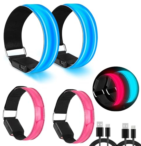 Funmo 4 Stück LED Armband Aufladbar, Leuchtarmband USB Reflektorband Reflective Band Led Armbänder Leuchtband Kinder Reflektorbänder für Kinder Erwachsene Laufen, Joggen und Radfahren