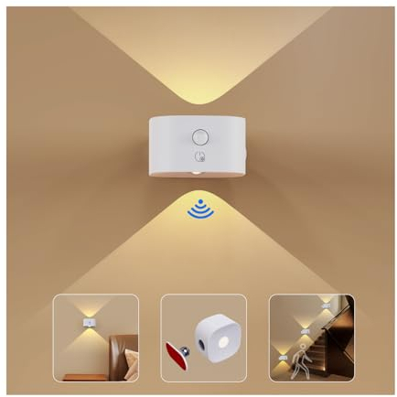Feallive Wandleuchte Innen mit Bewegungsmelder, Wandlampe mit Akku mit Schalter Touch Control 3 Helligkeitsstufen, 360° drehbare, für Wohnzimmer TreppenhausFlur kabellose wandleuchten (Weiß)