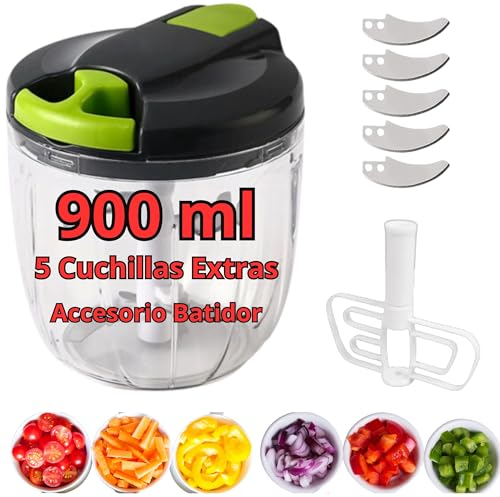 BONDIBUY - Picador de Verduras Manual, Picadora Manual, Picadora Manual con Cuerda, Picador Manual de Alimentos, Picadora Manual Verduras, 5 Cuchillas Repuesto (900 ML, VERDE Y GRIS)