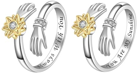 JewelryWe Anxiety Ring Damen Umarmungsring: 2 Stück Gold Sonnenblume Edelstahl Umarmung Hände Fidget Angst Ring Anti Stress Spinner Offener Ring Silber mit Gravur